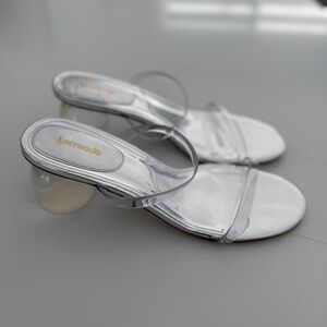 Larroude Dew Drop Specchio Mule Vinyl & Clear Mirror Silver Shoes Sandals New